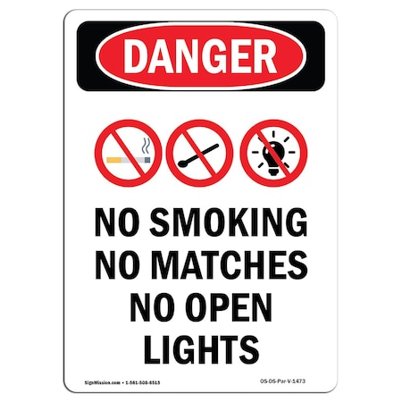 OSHA Danger Sign, No Smoking No Matches, 10in X 7in Rigid Plastic